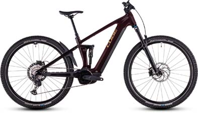 The image shows a dark red Cube Stereo Hybrid ONE22 SLX e-bike.