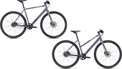 Two Cube Hyde Race bikes, one with a diamond frame and one with a trapezoidal frame.