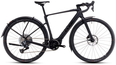 The image shows a black Cube Nuroad Hybrid Race FE e-bike.