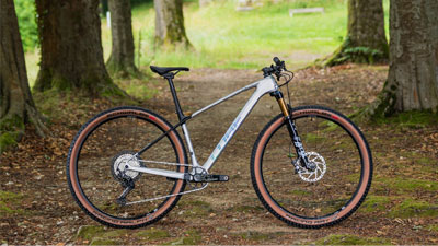 A silver Cube mountain bike can be seen on a forest path.