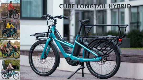 The image shows a small collage entitled Cube Longtail Hybrid. It depicts the blue Cube cargo bike with various possible uses.