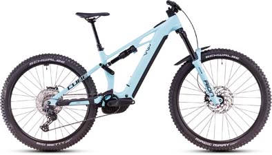 On display is a light blue Cube Stereo Hybrid ONE77 HPC Race e-bike.