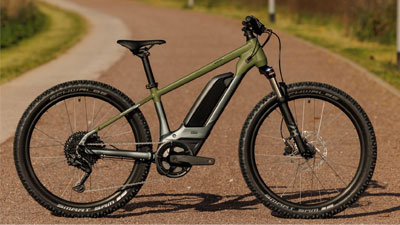 The image shows a gray Cube children's e-bike with green details. It is standing on a paved bike path.