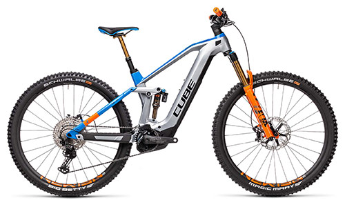 The image shows a gray Cube Stereo Hybrid 140 HPC mountain bike with blue and orange details.