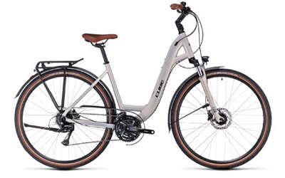 Cube Touring trekking bike with low step-through frame in silver.