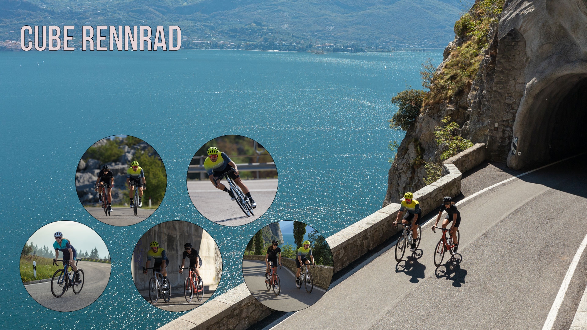 The image shows a collage entitled Cube Rennrad (Cube Road Bike). It depicts several road cyclists.