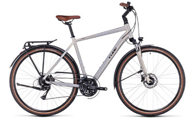 Cube Touring trekking bike with diamond frame in silver.