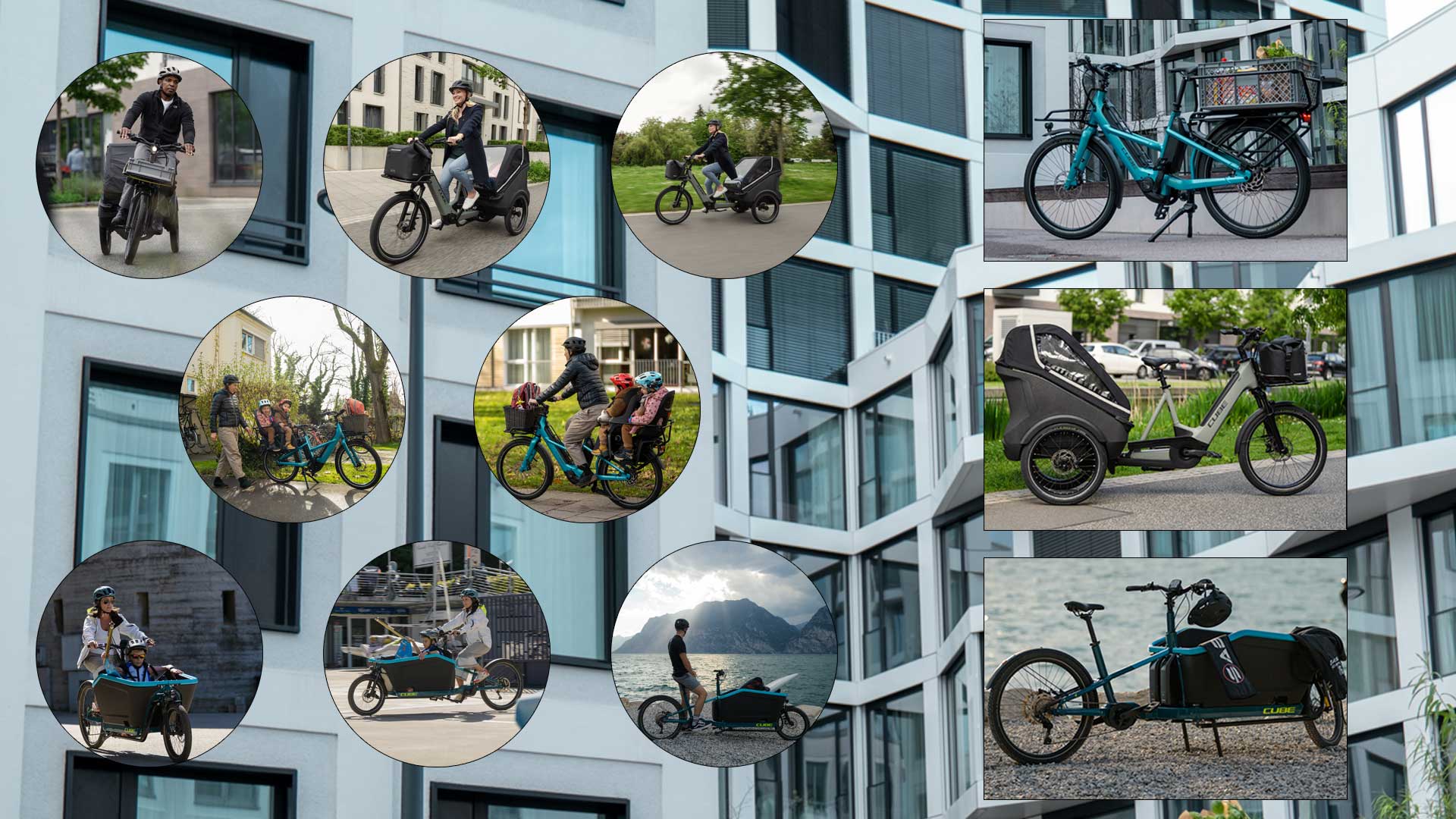 The image shows a collage of various situations in which a cargo bike is being ridden. This illustrates the various possible uses of a cargo bike.
