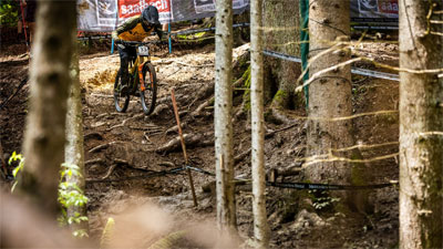 A downhill racer rides down a root-covered slope.
