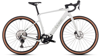 The image shows a white Cube Nuroad Hybrid Race e-bike.