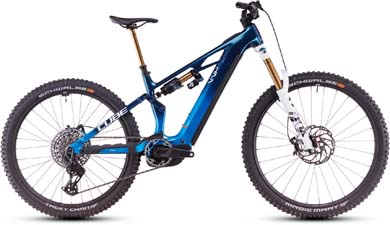On display is a blue Cube Stereo Hybrid ONE77 HPC TM e-bike with white details and gold shock absorbers.