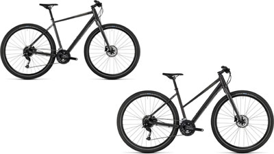 Two Cube Hyde bikes, one with a diamond frame and one with a trapezoidal frame.