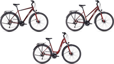 Three Cube Touring EXC bikes side by side: one with a diamond frame, one with a trapezoidal frame, and one with a low step-through frame.