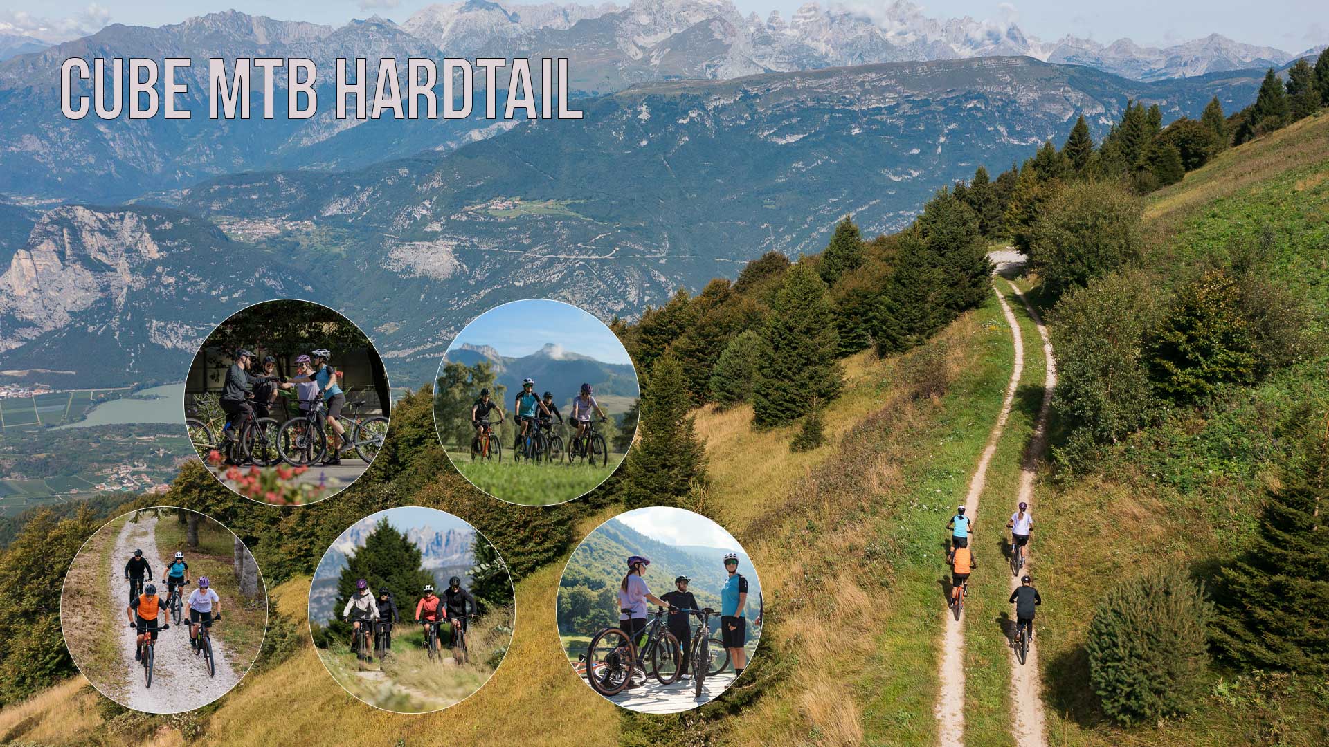 The image shows a collage entitled Cube Mtb Hardtail, depicting groups of people riding bicycles together.