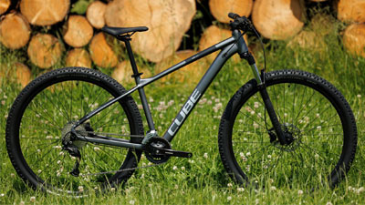 A gray Cube mountain bike can be seen standing on a meadow. Wood is stacked in the background.