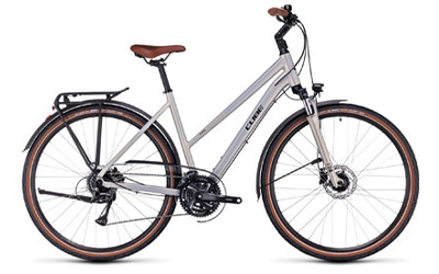 Cube Touring trekking bike with trapezoidal frame in silver.