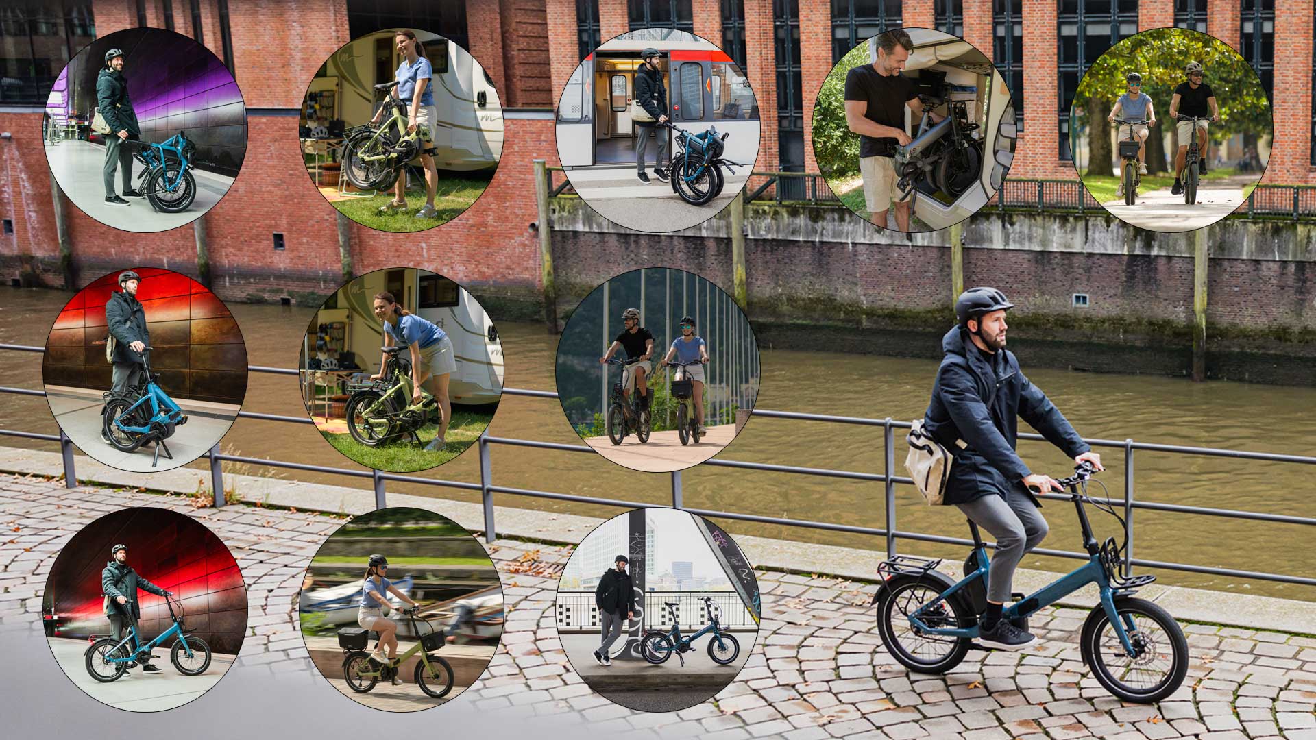 The image shows a collage of people riding folding bikes in various situations.