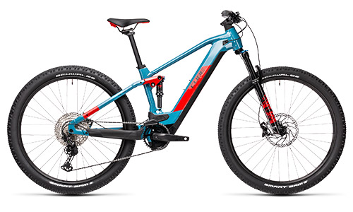 The image shows a blue Cube Stereo Hybrid 120 Race bicycle with red details.
