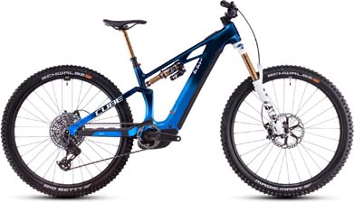 The image shows a blue Cube Stereo Hybrid ONE44 HPC AT e-bike with white details.