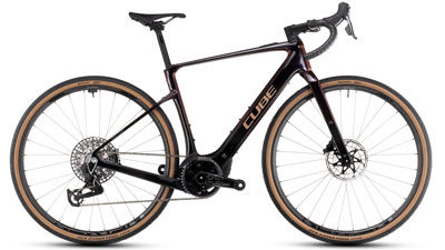 On display is a dark red Cube Nuroad Hybrid SLT e-bike.