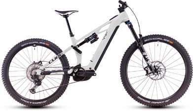 On display is a white Cube Stereo Hybrid ONE77 HPC Race e-bike.