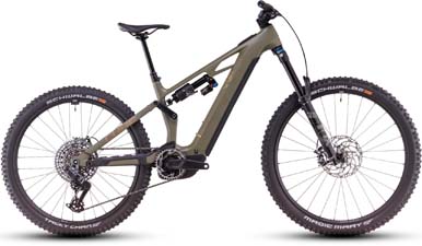 The image shows a brown Cube Stereo Hybrid ONE77 HPC TM e-bike.