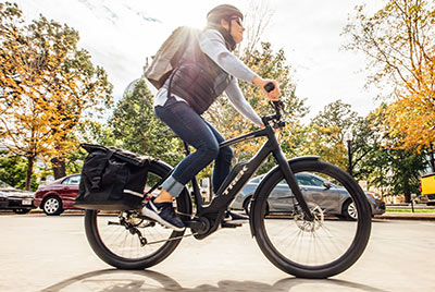 A man is riding a black Trek bicycle down a street.