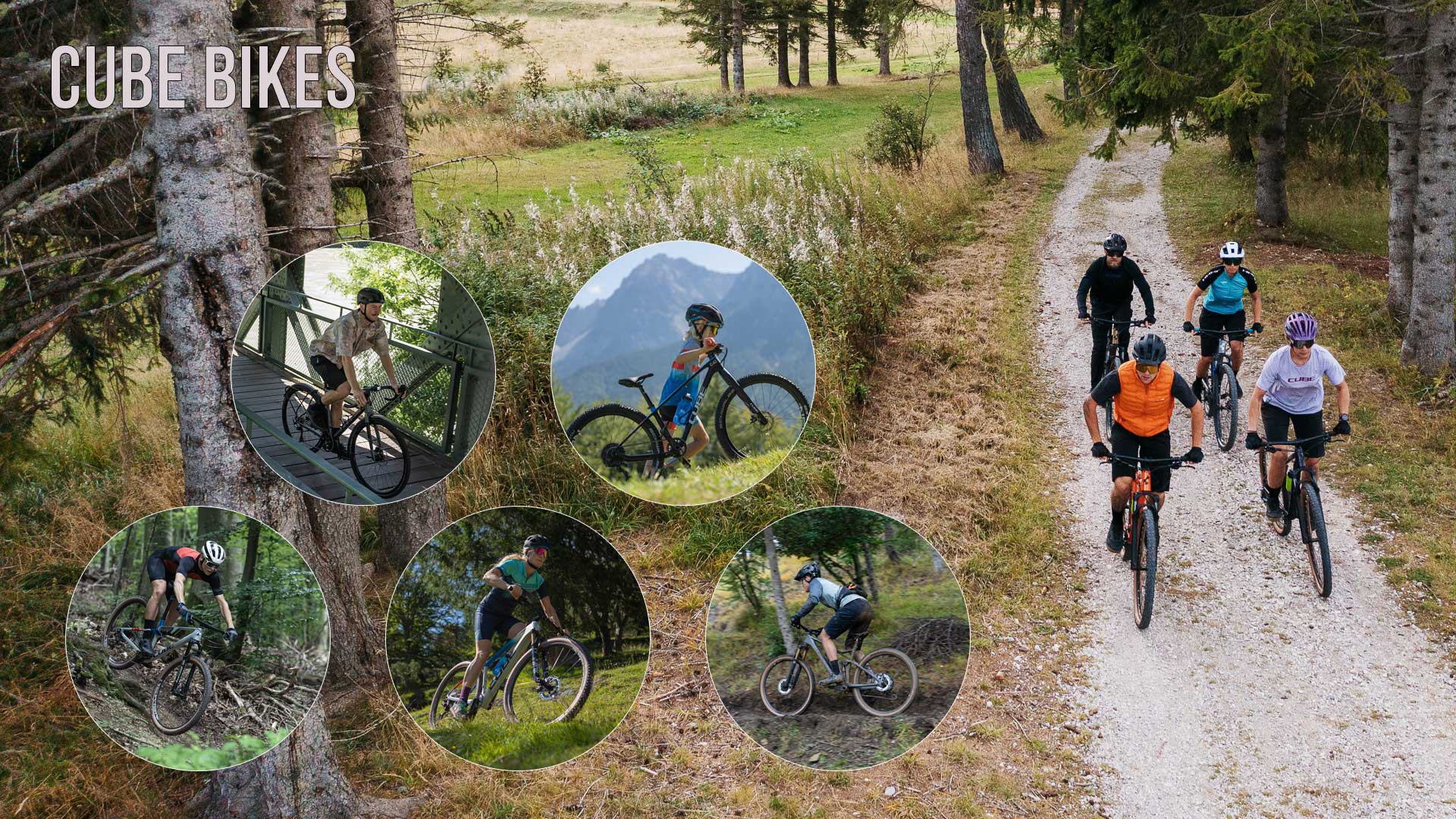 The image shows a collage entitled Cube Bikes. It features several pictures of people riding bicycles.