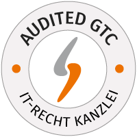 Shown is a round logo of the IT-Recht-Kanzlei in yellow and white with the word “AUDITED GTC”.