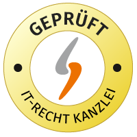 Shown is a round logo of the IT-Recht-Kanzlei in yellow and white with the word “AUDITED GTC”.