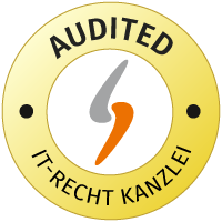 Shown is a round logo of the IT-Recht-Kanzlei in yellow and white with the label AUDITED.