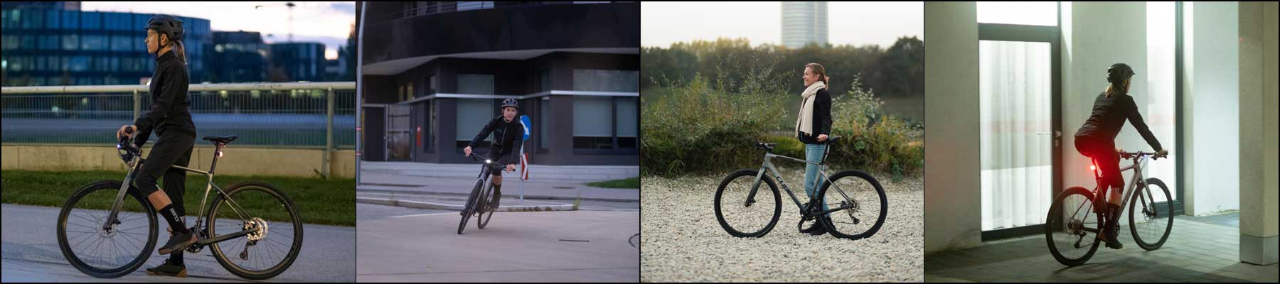 Banner with four images of a female cyclist riding a Cube Nulane bike in various situations on the road.