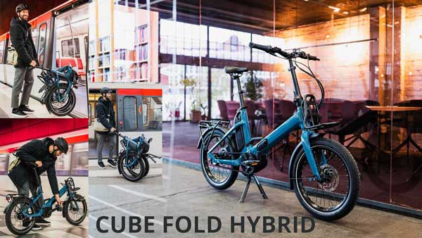 The image shows a small collage entitled Cube Fold Hybrid. It depicts the blue Cube folding bike in various everyday situations.