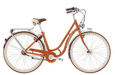 You can see an orange retro bike with a low step-through frame.