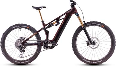 On display is a dark red Cube Stereo Hybrid ONE77 HPC SLT e-bike with gold shock absorbers.