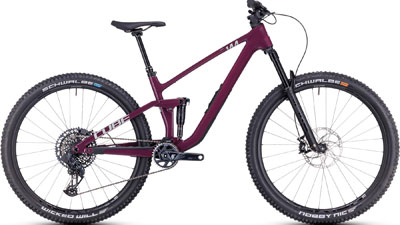 Cube Stereo ONE44 C:68X SLX full suspension mountain bike in berry red.