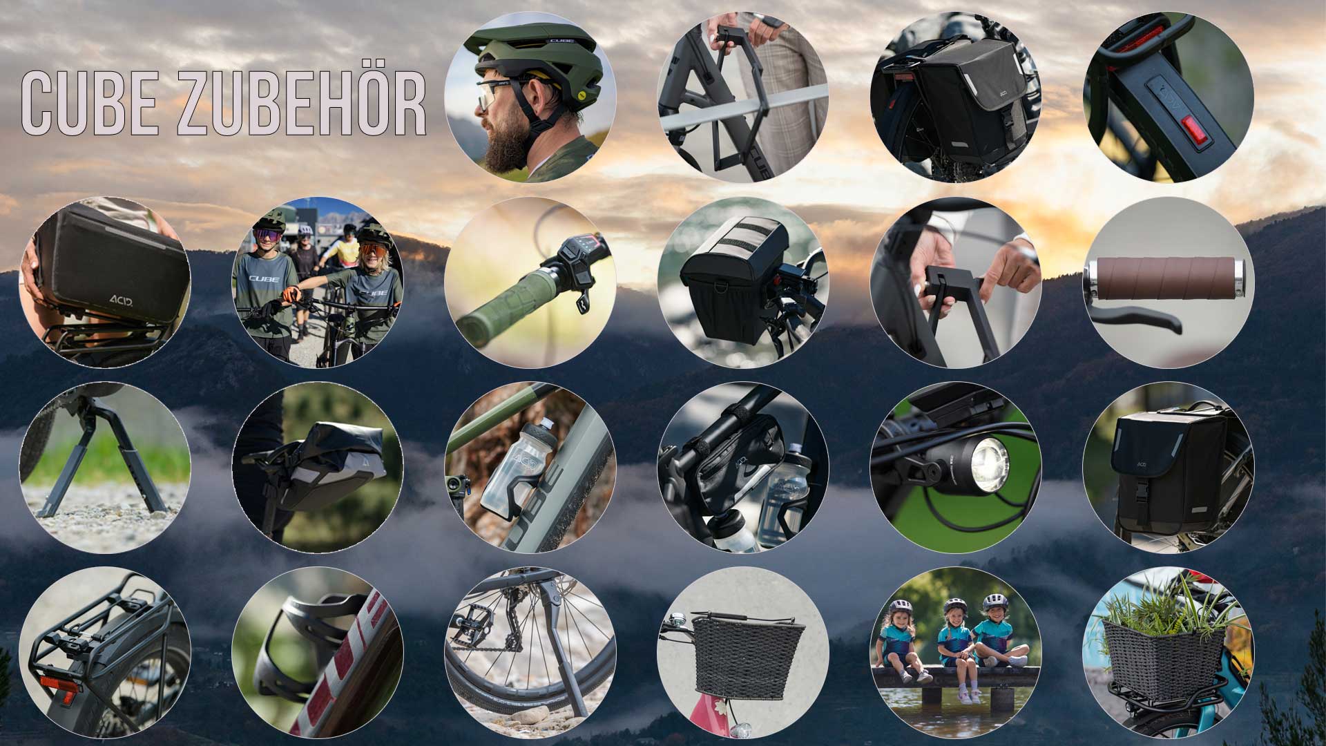 The image shows a collage entitled Cube Accessories. It depicts all kinds of accessories offered by the manufacturer Cube.