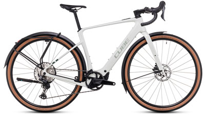 The image shows a white Cube Nuroad Hybrid Race FE e-bike.